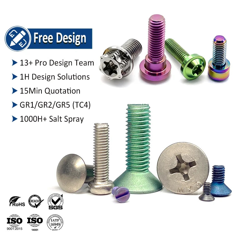 Titanium Bolts Cnc Gr5 Metric Flat Countersunk Phillips Cap Head Torx Screw Alloy Anodized Titanium Screws for Motorcycle