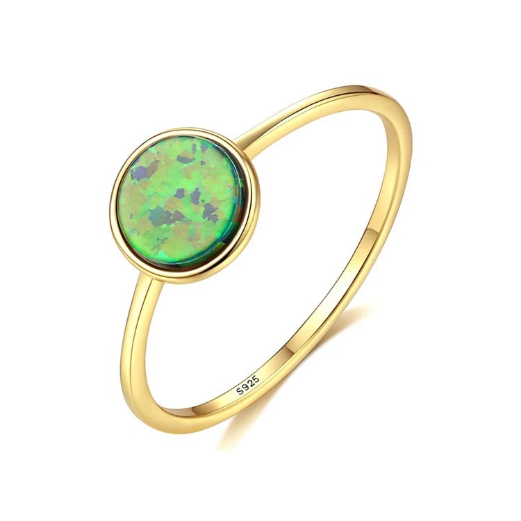 Fashion Simple 925 Sterling Silver 18k Gold Plated Tiny Round Natural Opal Rings for Women Girls