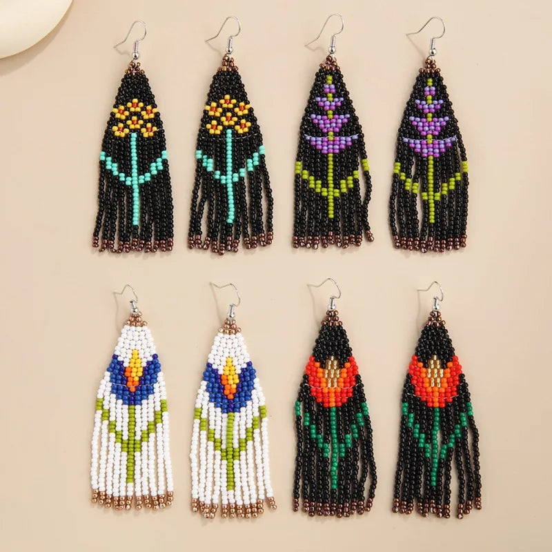 Vintage Ethnic Style Floral Seed Beads Tassel Earrings Bohemian Colorful Handmade Beaded Earrings for Women Jewelry Wholesale