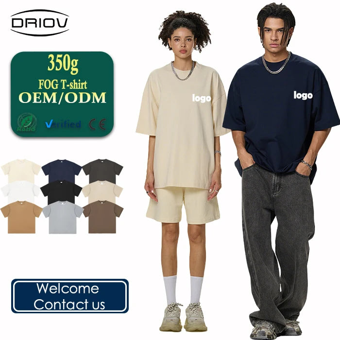 New 350G Heavy Weight Pure Cotton Men's T-shirt FOG Earth Tone Drop Shoulder Cross Border Casual Short Sleeve