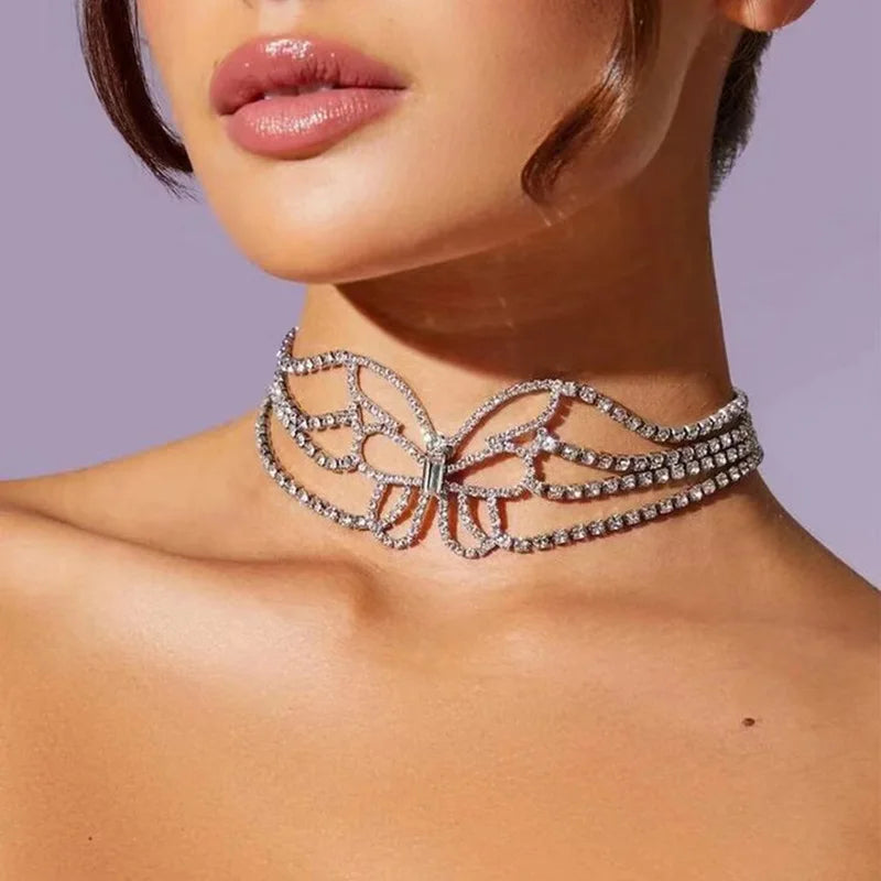 Wholesale Hollowed Butterfly Necklace Personality Fashion Rhinestone Multilayer Choker Necklace Women