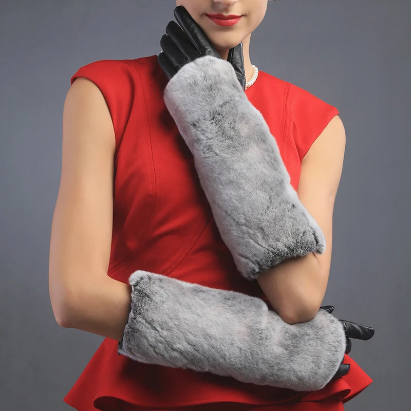 Luxurious Women Party Arm Length Fur Gloves Winter Thermal Warm Long Leather Gloves