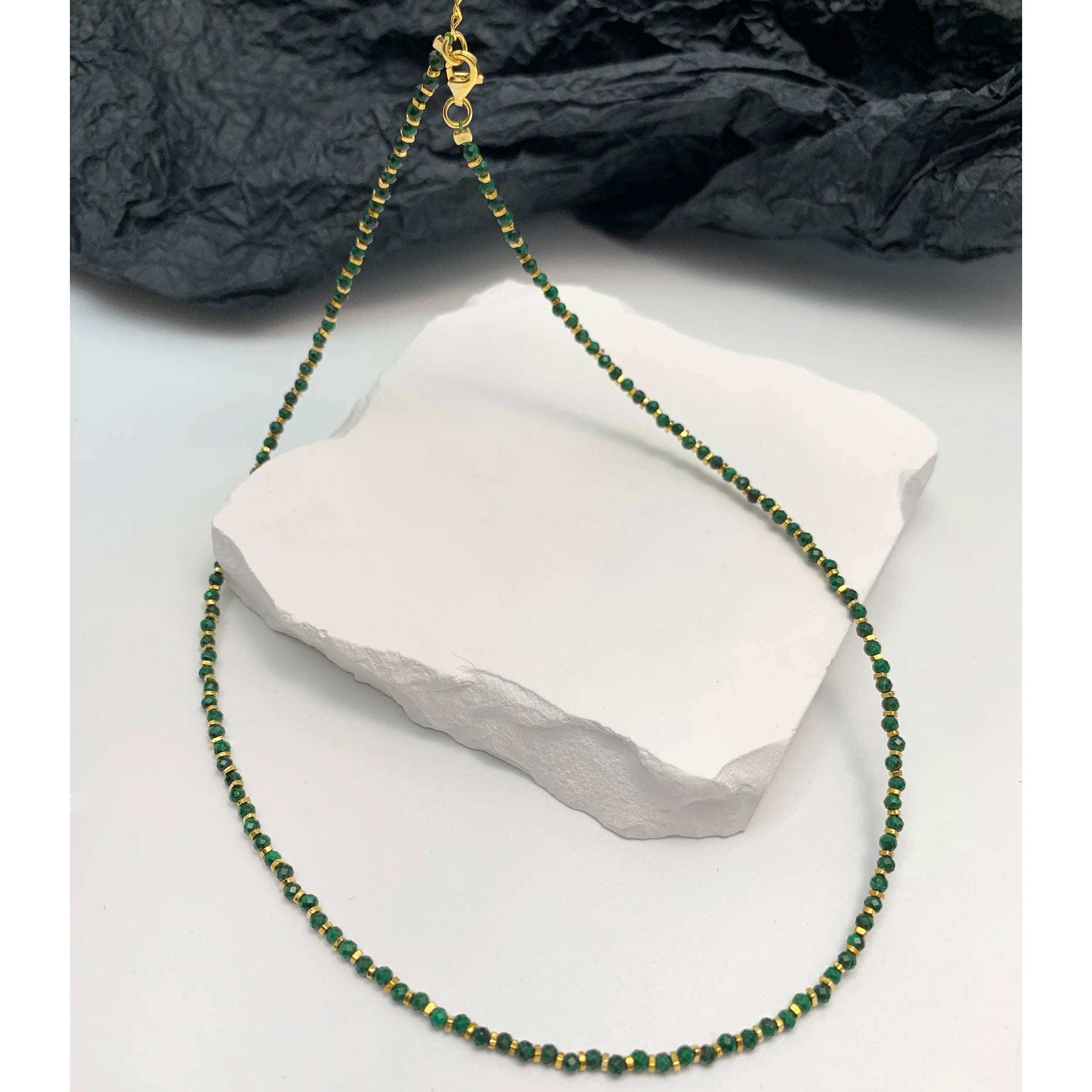925 Silver Designer Minimalist Necklace for Women Gold Plated with Natural Faceted Malachite Gemstone Beads Trendy Wedding Gift