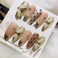 Handmade French 3D Gold Metal Painting Silk Ribbon Polka Dots Butterfly Cat Eye Almond Stiletto Reusable False Nails Finger