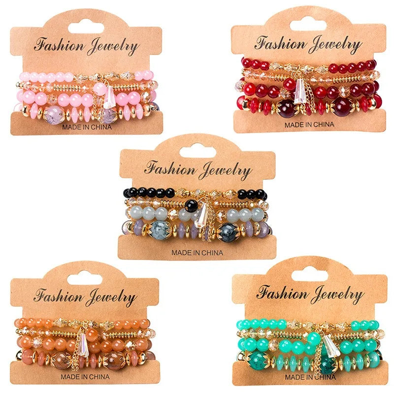 4pcs/set Boho Style Women's Fashion Bracelet Set Gold Plated Tassel Charm Glass Beaded Wristband Female Jewelry Gift