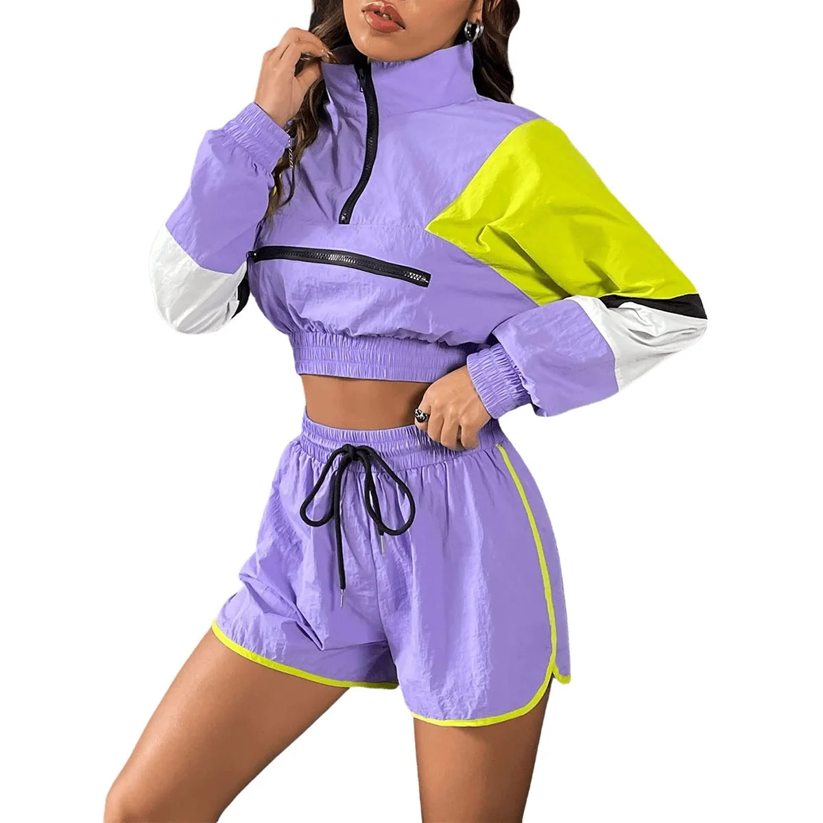 Women's 2-Piece Crop Sweatshirt Drawstring Waist Shorts Set Polyester Solid Colorblock Half Zip Windbreaker Jacket Knee
