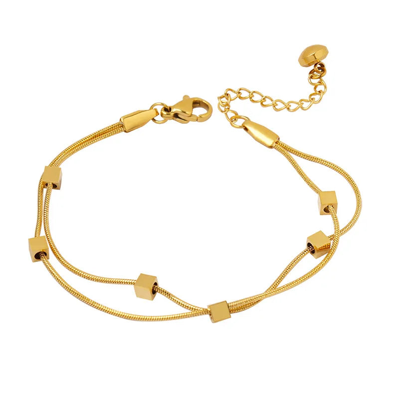 Minimalist Square Charm Stainless Steel 18k Gold Plated Double Layer Delicate Round Snake Bone Chain Bracelet