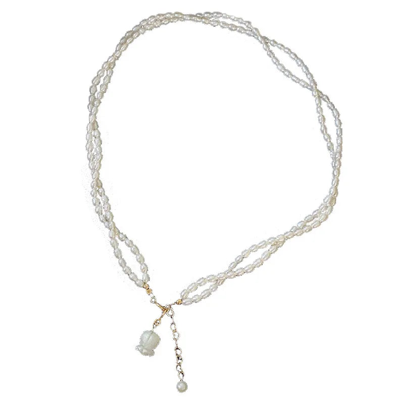 Lily Valley Natural Freshwater Pearl Necklace 14K Gold Plated French Vintage Double Layer Wear on Collarbone