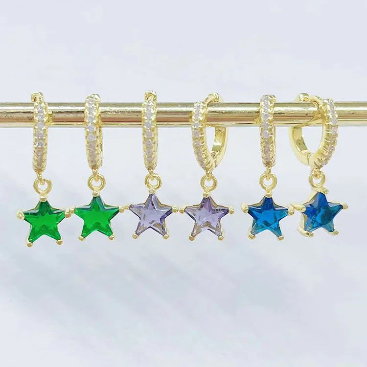 EC1849 Dainty Small Little Mini Minimalist 18k Gold Plated Pave Colorful CZ Diamond Crystal Star Charms Huggies Hoops Earrings