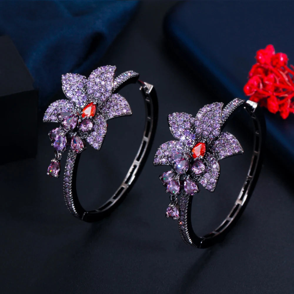 Chic Black Gold Plated Purple Cubic Zirconia Crystal Round Big Dangle Drop Flower Charms Hoop Earrings for Women Unique Jewelry