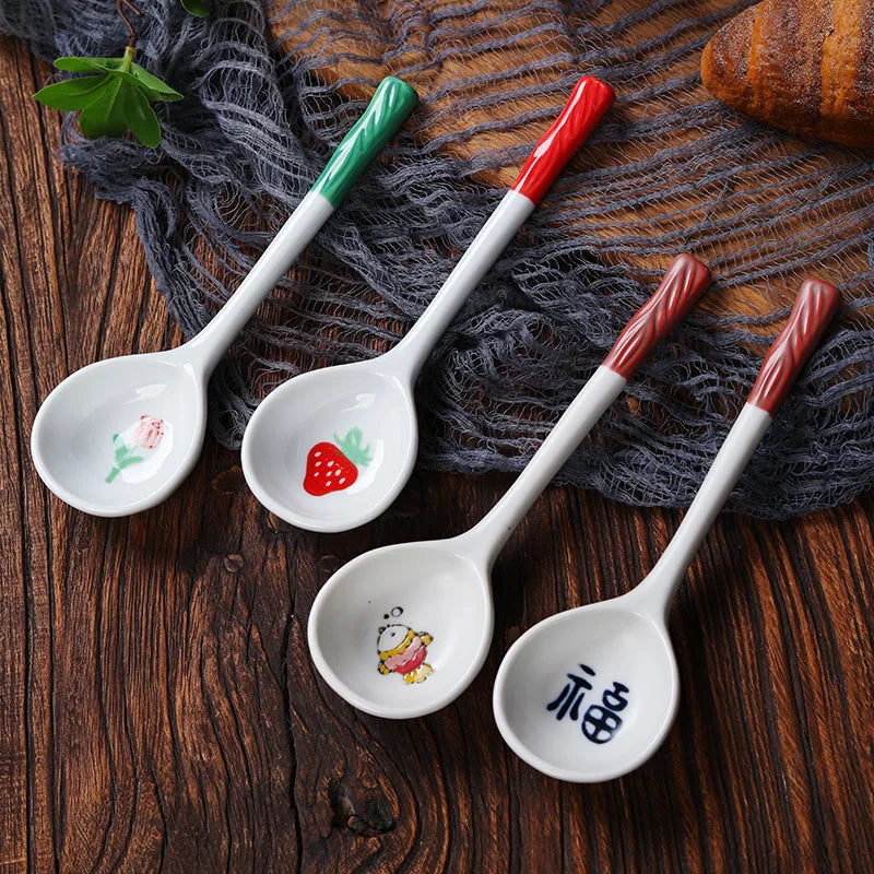 Stock Japanese Korean Style Big Round Ceramic Noodle Soup Spoon With Deep Long Handle