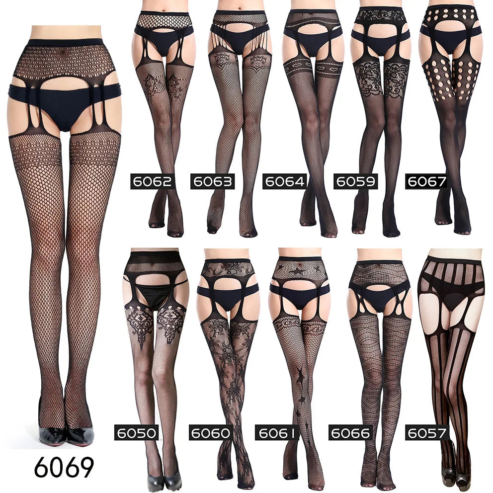 Women Black Sexy Stockings Plus Size Fishnet Hollow Out Lingerie Erotic Open Crotch Lady Pantyhose