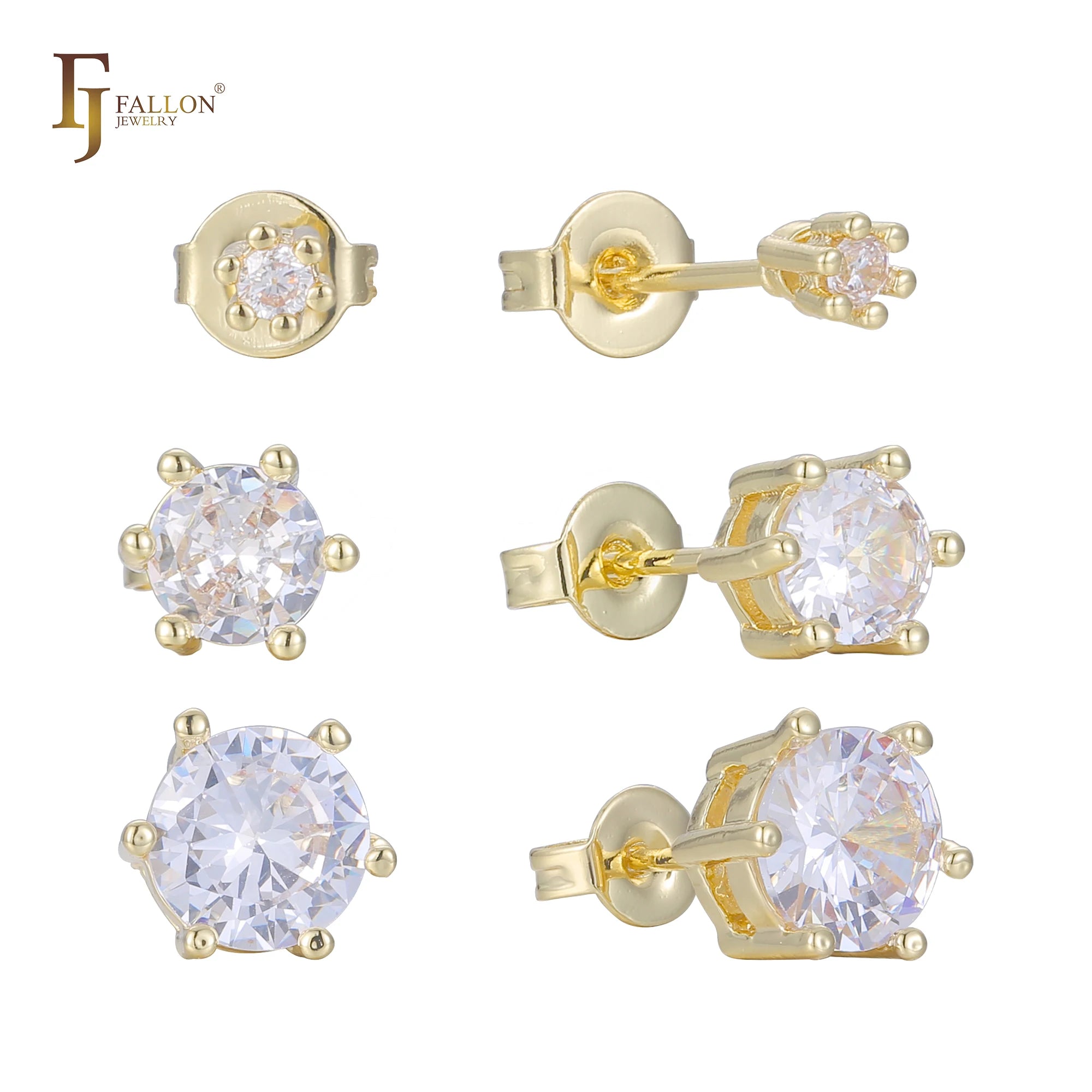 FJ Fallon Fashion Jewelry Solitaire 6 Claws White Cz Stud Earrings Plated in 14K Gold Brass Based