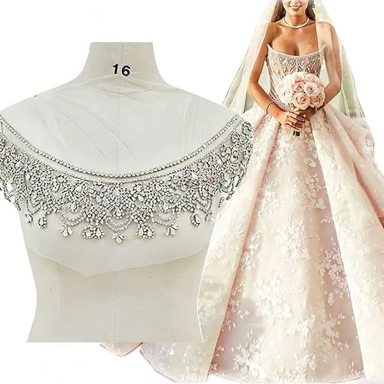 WDP-278 Hotsale 2023 Silver and Gold Parches Bordados De Pedreria Rhinestone Bodice Applique for Wedding Dress