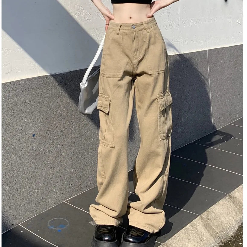 INS Fashion Women Cargo Pants High Waist Multi Pockets Lady Long Spring Autumn Straight Pants