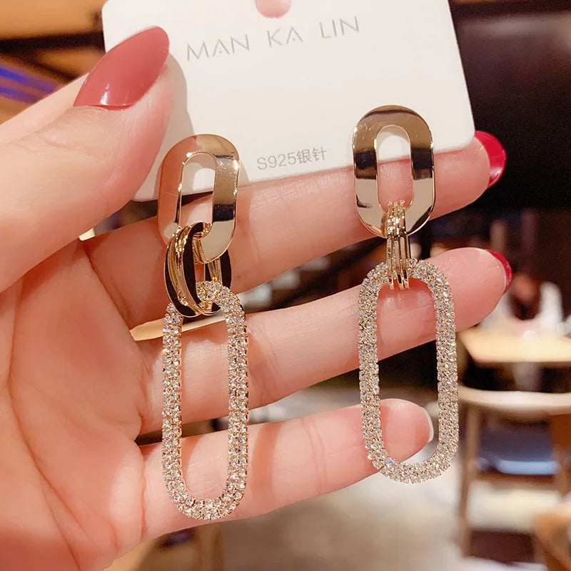 European Fashion Rhinestone Earrings Female Temperament Geometric Eardrops Shinny Crystal Drop Earring