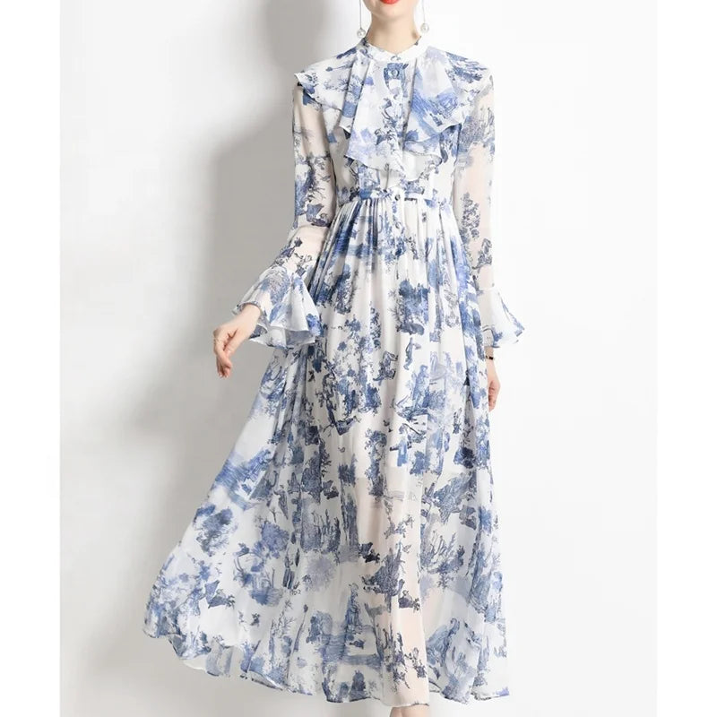 Spring New Casual Holiday Style Large Swing Dress for Women Round Neck Long Sleeved Printed Plus Size Dress