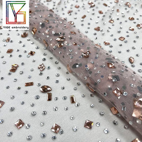 Factory Wholesale Rhinestone Crystal Tulle Fabric Wedding Bridal Mesh Lace Crystal Stones Dress Fabric