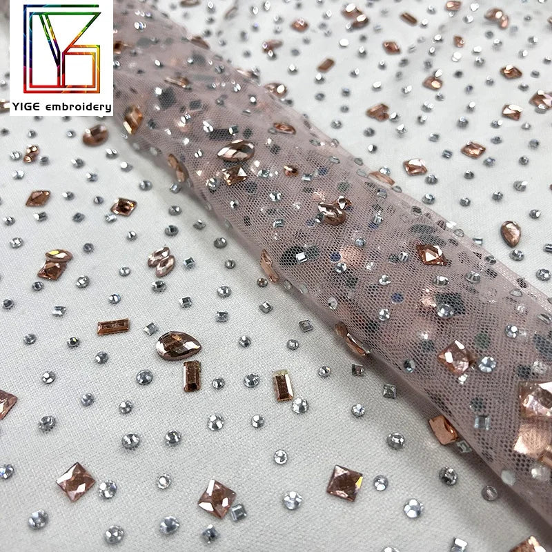Factory Wholesale Rhinestone Crystal Tulle Fabric Wedding Bridal Mesh Lace Crystal Stones Dress Fabric