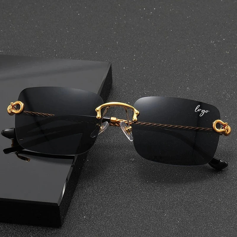 Lmamba 8036 Custom Logo Square Women Black Retro Sun Glasses Luxury Designer Brand Fashion Shades Rimless Sunglasses Man 2024