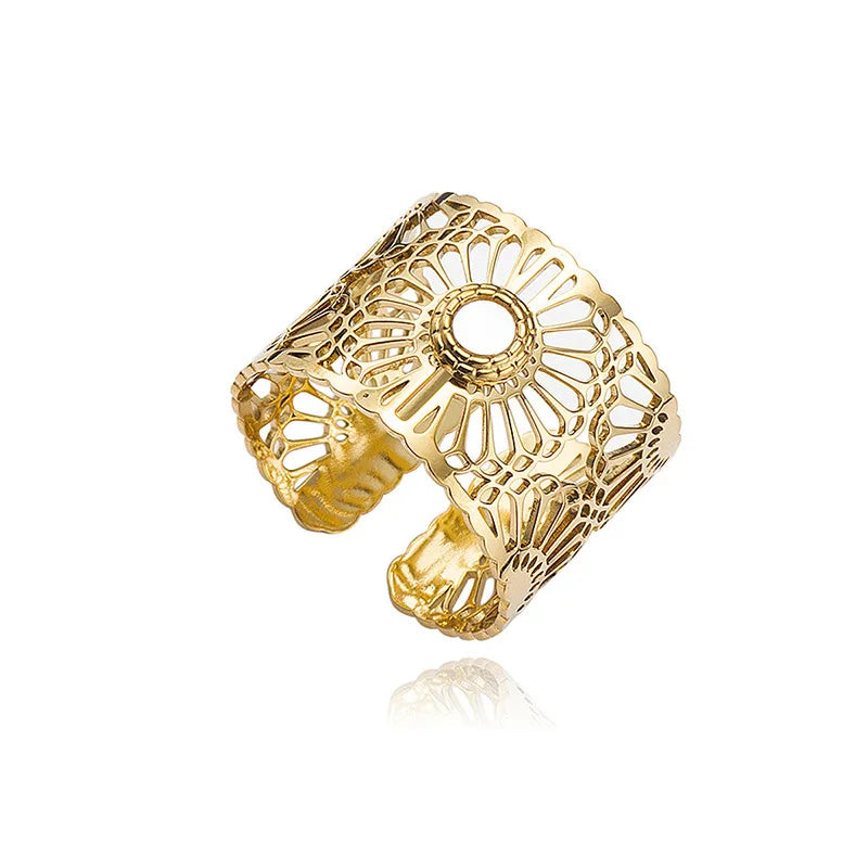 MICCI French Elegant Minimalist Retro 14K Gold Opening Female Adjustable Ring Hollowed-out Flower Titanium Steel Stainless Steel