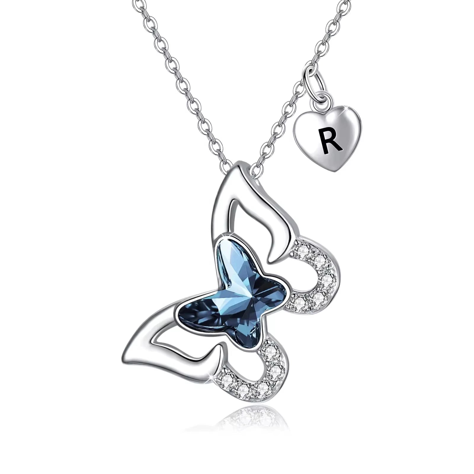 Factory Sale S925 Sterling Silver Heart Letter Charm Zircon Blue Crystal Butterfly Necklace for Women