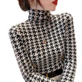 Fashion Houndstooth T-shirts Women Turtleneck Spring Vintage Design Ladies Popular Soft Leisure Chic Knitted T Shirts