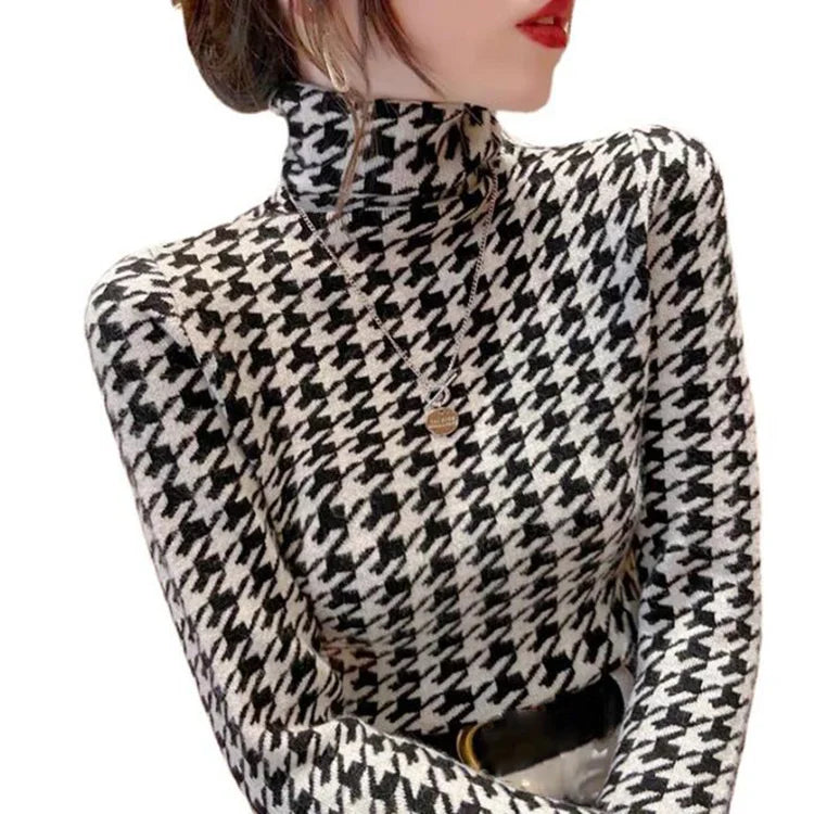 Fashion Houndstooth T-shirts Women Turtleneck Spring Vintage Design Ladies Popular Soft Leisure Chic Knitted T Shirts