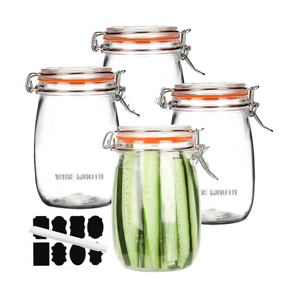 Wide Mouth Glass Honey Jar Airtight Lid 32OZ 4 Pack Large Clear Storage Canister Measurement Marks Canning Stackable Design