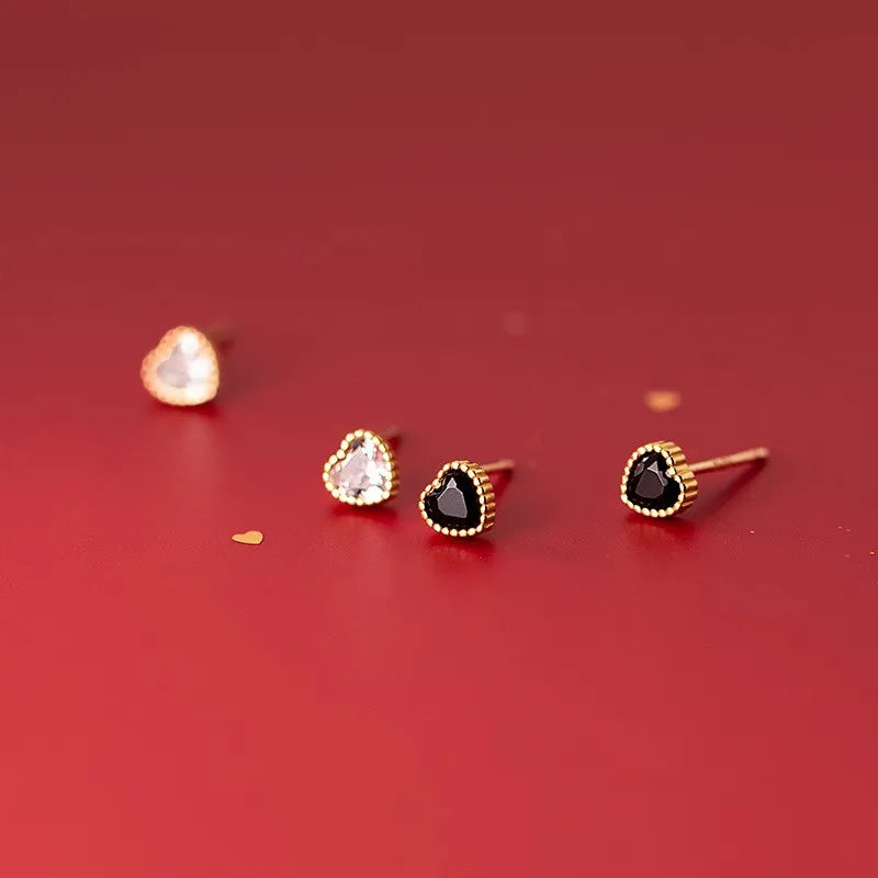 925 Sterling Silver Small Black Zircon Heart Shape Gold Plated Stud Earings Women Girls Cute Earrings Fashion Jewelry