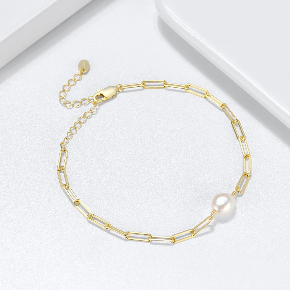 RINNTIN GPB07 Real Pearl Bracelet Paperclip Chain Baroque Freshwater Pearls Beads Plated Bracelets for Women Gold 925 Silver CMA