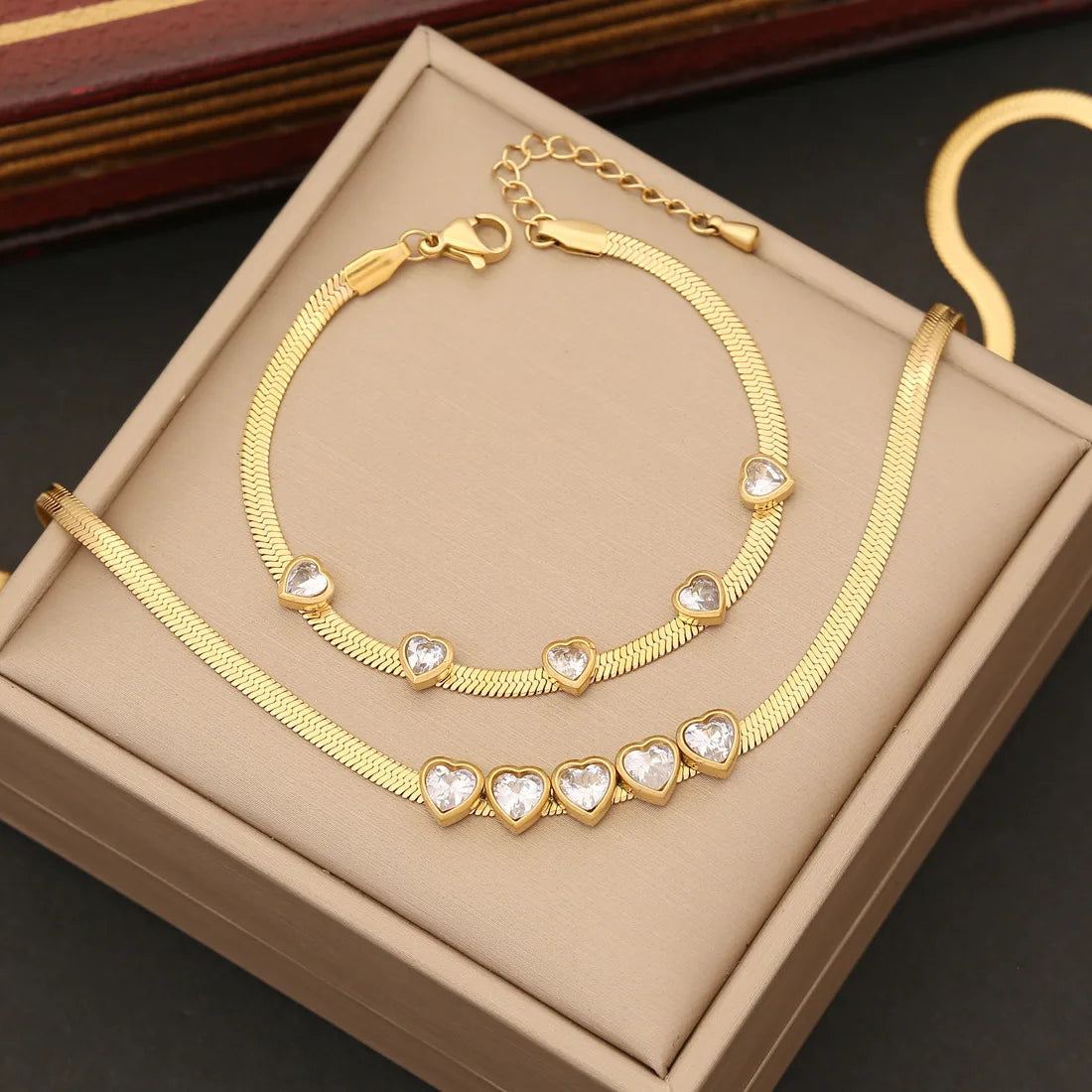 Fashion Jewelry Sets Tiny Hoop Heart Earrings Stainless Steel Snake Chain Heart Zircon Necklace Bracelet Set for Women