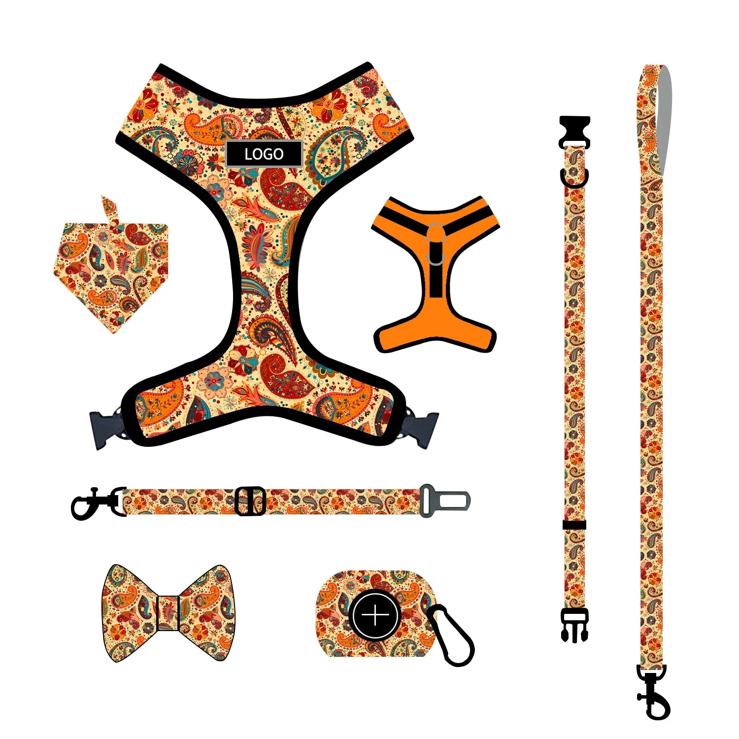 7-Piece Custom DIY Reversible Dog Gear Set Solid Pattern Reflective Printed Neoprene Soft Polyester XL Breakaway Included