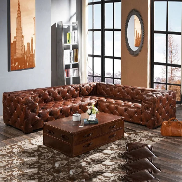Customized Sectional Genuine Leather Chesterfield Sofa Midcentury Three Seat Tufted L Shape Sofa Set Living Room Villa Furniture