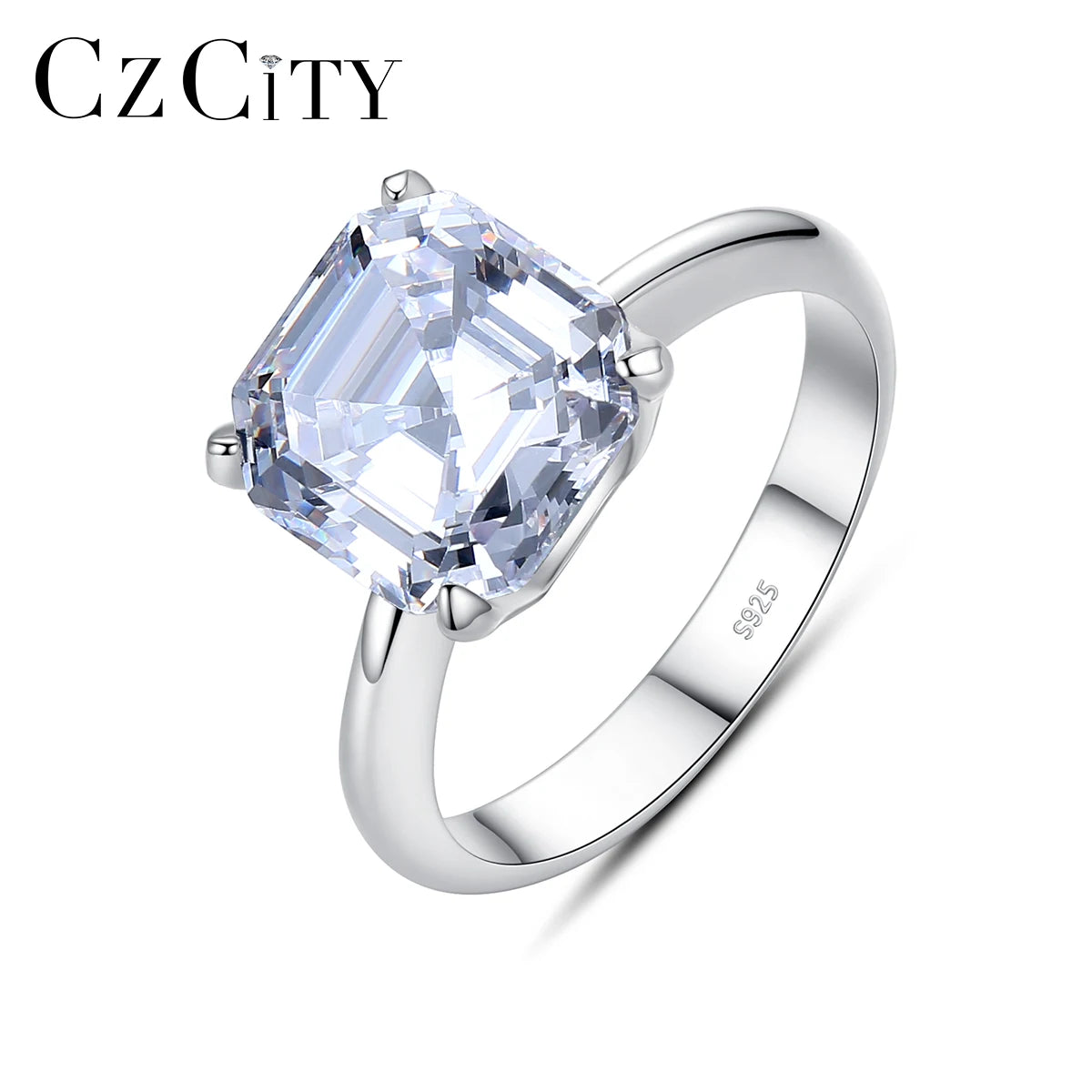 CZCITY Iced Out Big Square Diamond Engagement Ring Princess Cutting Women Silver Rings