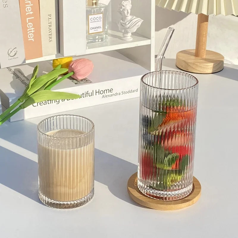 Japanese Handmade Glass Cup Juice Drink Coffee Cup Vertical Pattern Transparent Whisky Glass