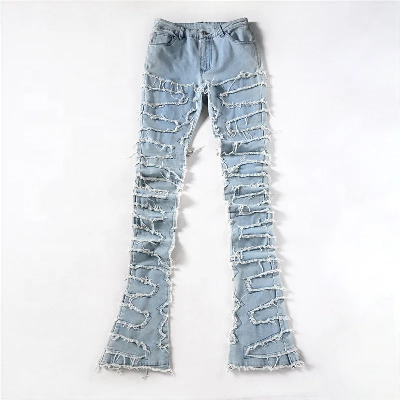 Topshow Streetwear Custom Distressed Flare Jeans Mens Street Style Skinny Denim Pants Stacked Jeans