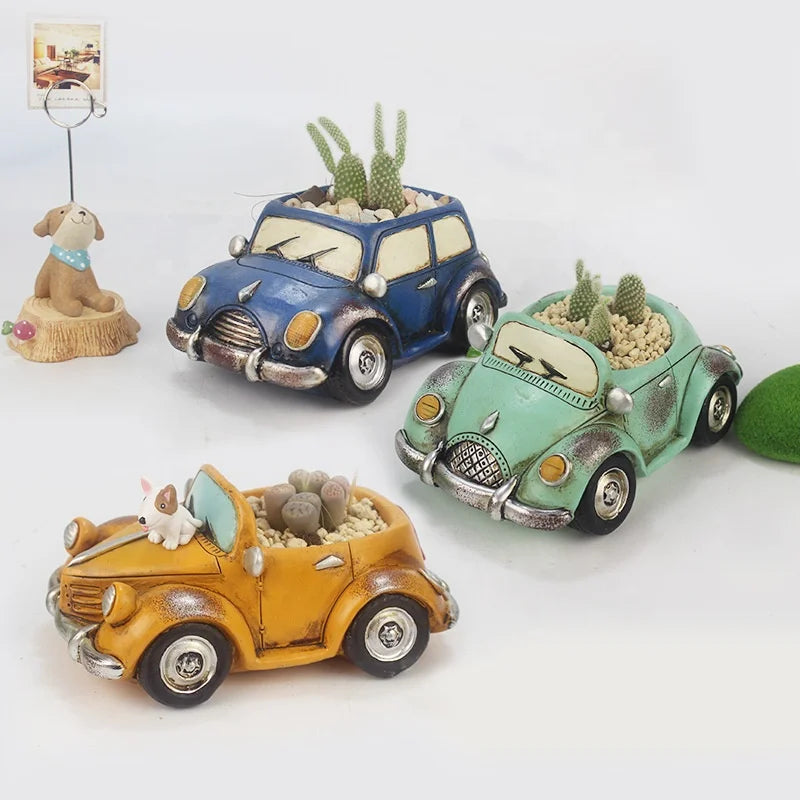 Top Sales Lovely Resin Automobile Gardening Child Birthday Gift Garden Small Flower Pots or Home Decor Planters for Indoor Plant
