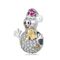 Real 925 Sterling Silver Christmas Snowman Clear CZ Charms Bead for Original Women Bracelet DIY Jewelry Making Gold Plated Charm