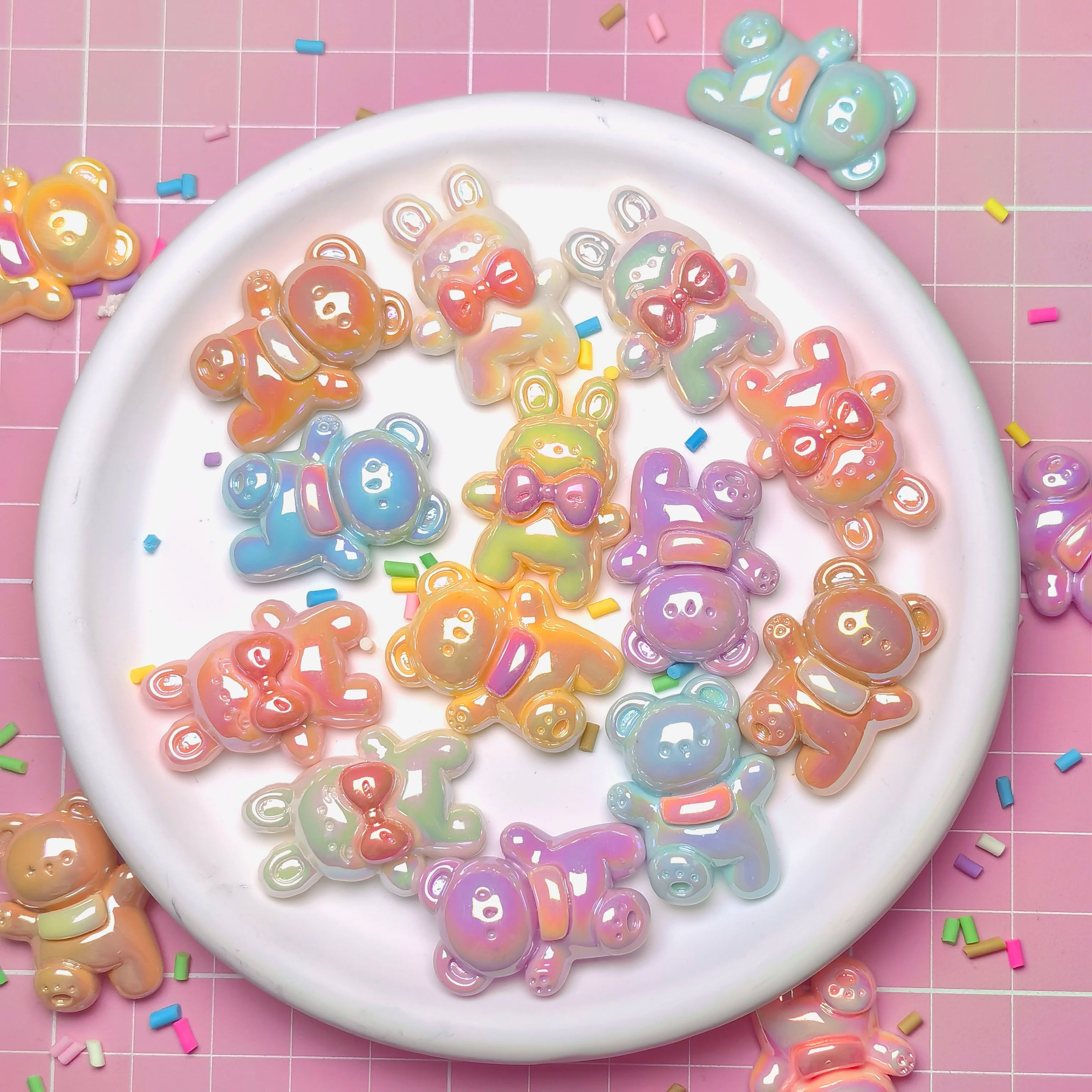 100Pcs New Popular AB Plating Resins Bowknot Bear Rabbit Resin Flatback Cabochon Embellishments Jewelry Making Accessories