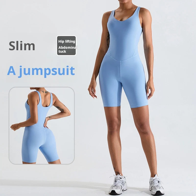 Stylish Solid Spandex/Nylon Fitness Jumpsuit Women Yoga Bodysuit Shorts Breathable High Elastic Waist Quick Dry Four-Way Stretch