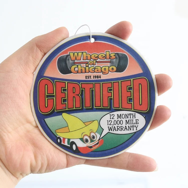 Custom Logo Printed Funny Auto Wheel-shaped Perfume Hanging Car Air Freshener with Letters Style Custom Scents Paper Crafts