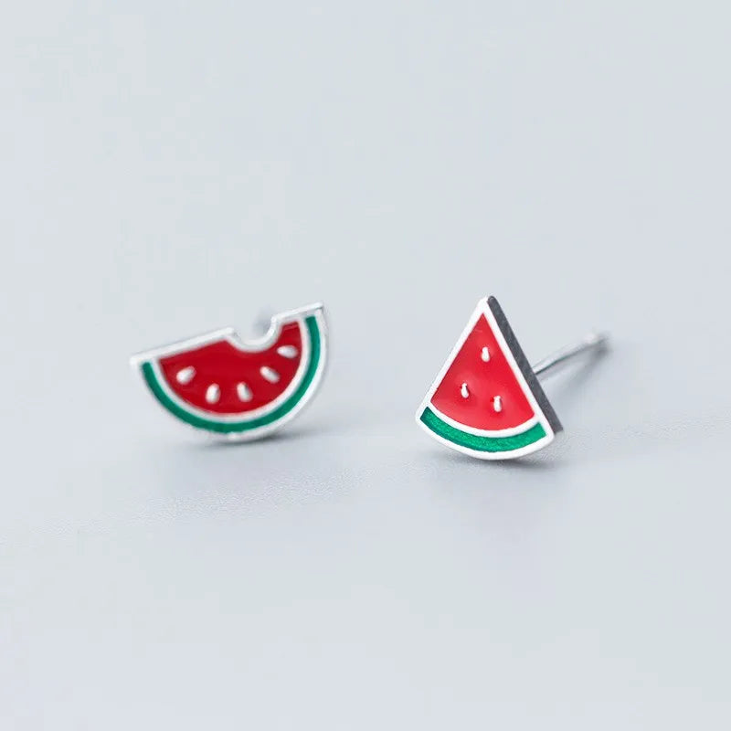 Fashion 925 Sterling Silver Asymmetrical Watermelon Shape Cute Small Stud Earrings Wholesale Jewelry for Women Girls