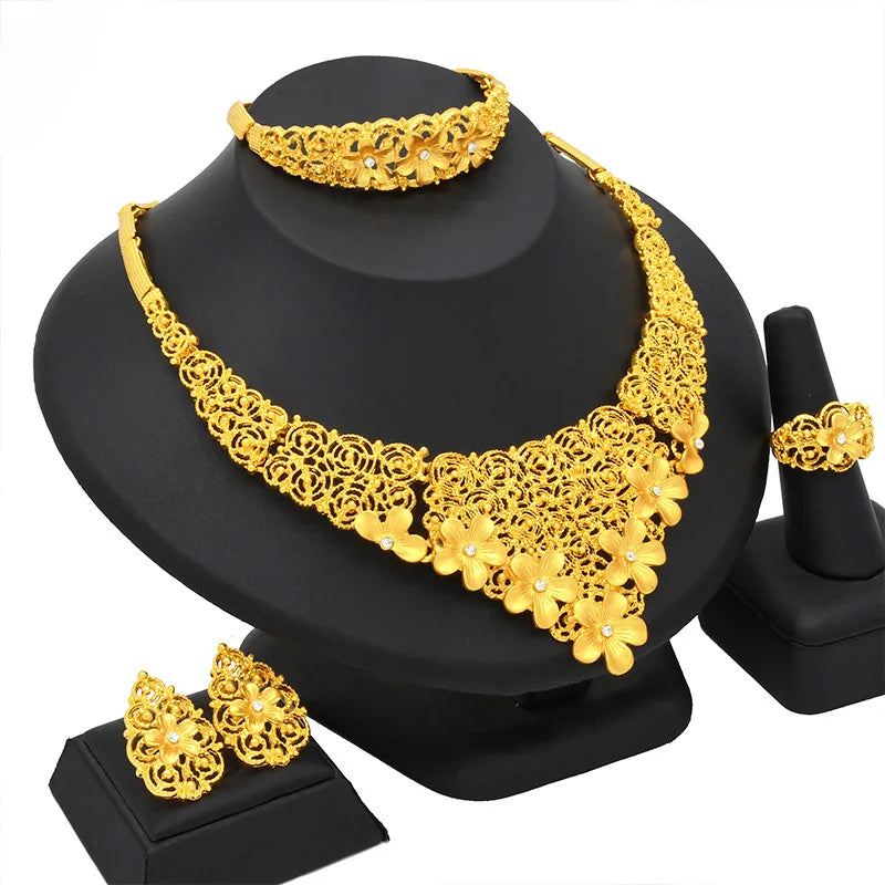 Jachon 24k Sling Alloy Four-piece Set Women's Jewelry Sargent Gold Necklace Bracelet Ring Earrings Jewelry Set
