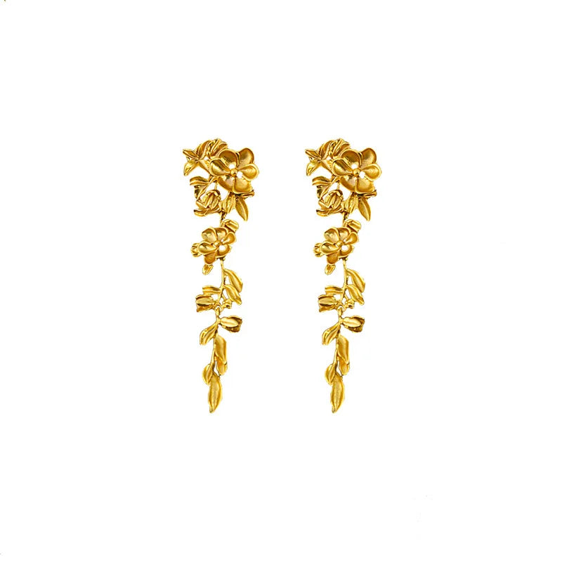 Vintage Baroque Casting Flower Statement Earrings Gold Leaf Drop Earrings Fashion Gothic Jewelry