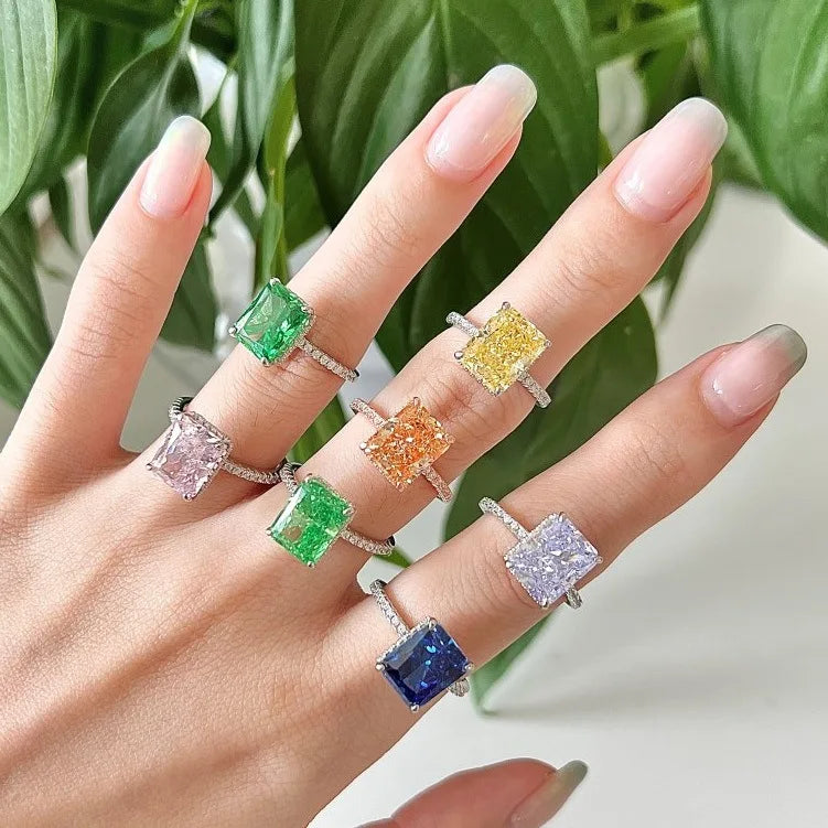 Jachon S925 18K Gold Plated Rectangle Rings for Women Colorful 8A Zircon Jewelry Ring for Birthday Valentine's Day Gift