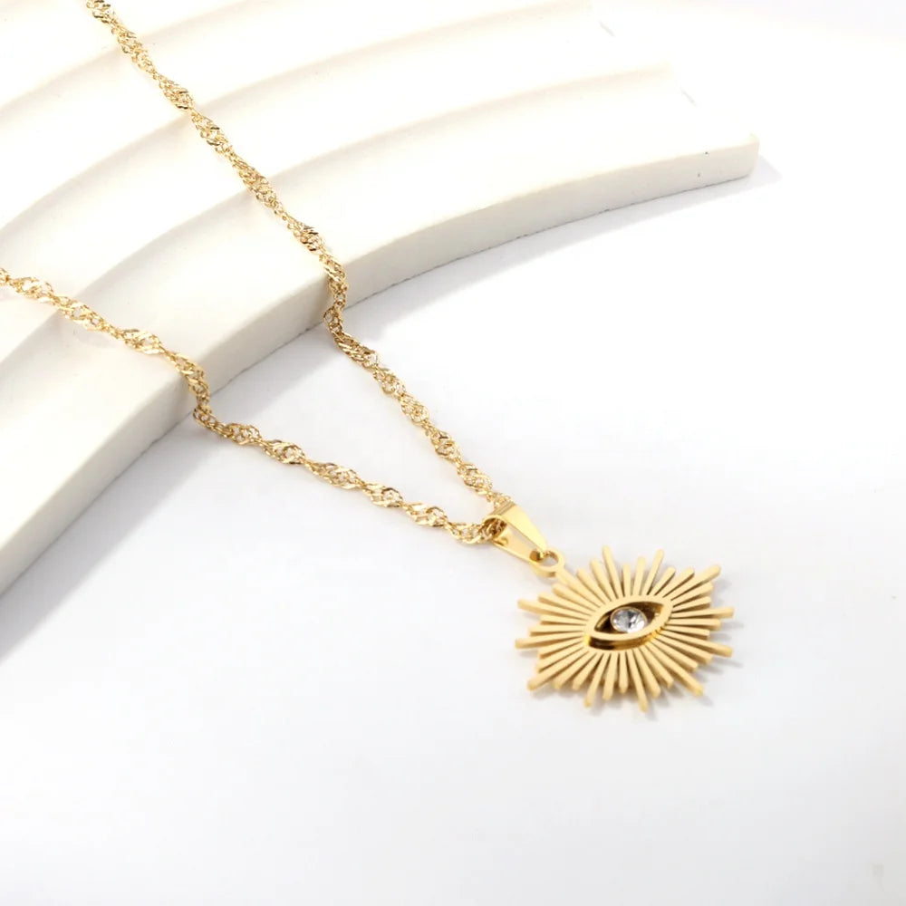 Non Tarnish PVD18k Gold Stainless Steel Fashion Necklace Water Wave Chain Necklace Openwork  Zirconia Devil Eye Pendant Necklace