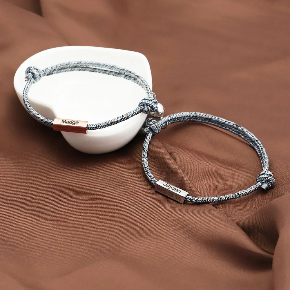 Valentine Gifts Custom Name Adjustable Stainless Steel Woven Magnetic Touch Couple Bracelet Long Distance MegaBDM