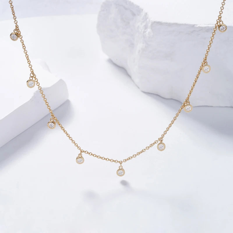 Starsgem Women Jewelry Bezel Setting Lab Diamond Pendant Chain 18K Soild Gold Necklace