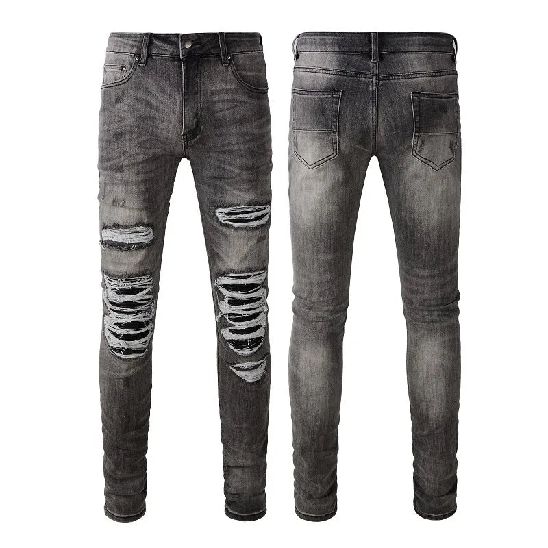Custom Distressed Stonewashed Patchwork Straight Loose Fit Streetwear Hip Hop Ripped Quality Designer Jeans